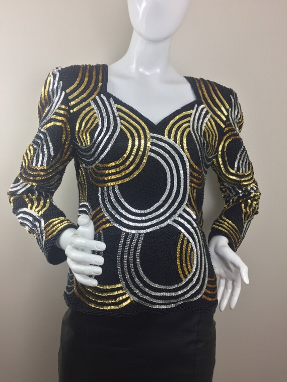 1980's Joan Leslie Studio Black Top w Gold & Silv… - image 2