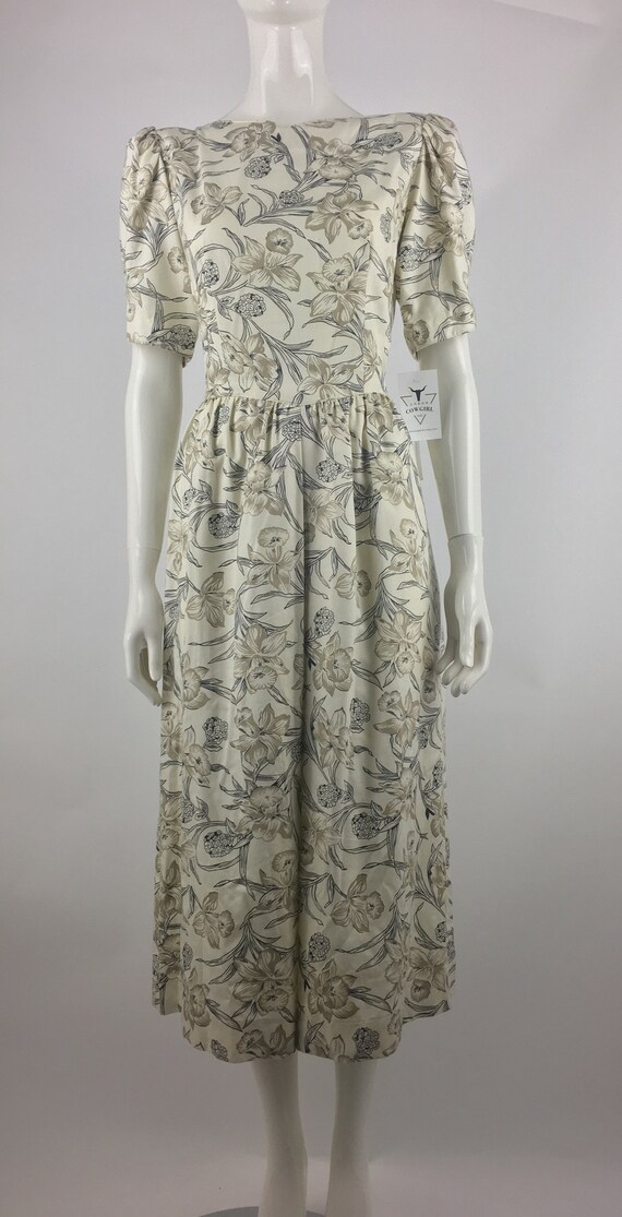 1980's Accentuette Ivory Midi Dress w Black Flora… - image 2