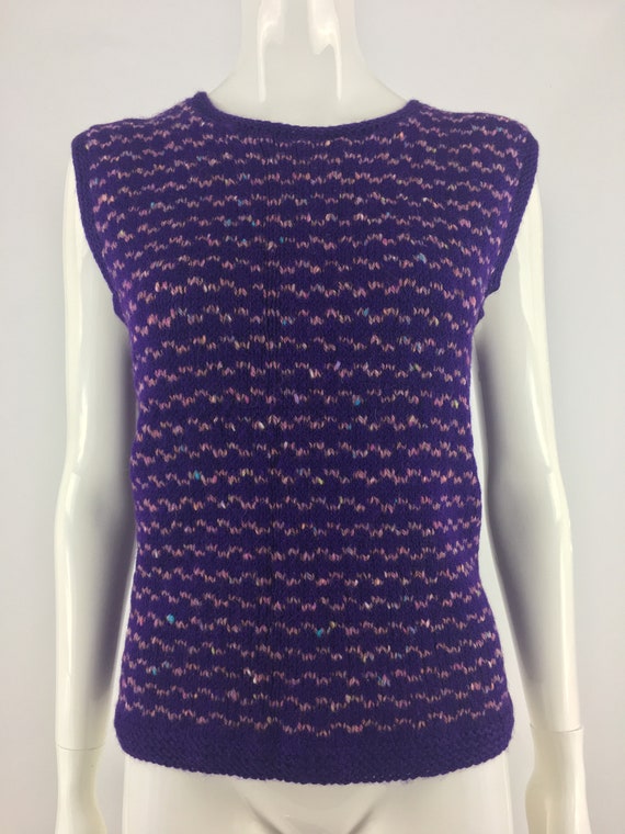 1990's Purple Hand Knitted Sweater Vest w Pink Ho… - image 3