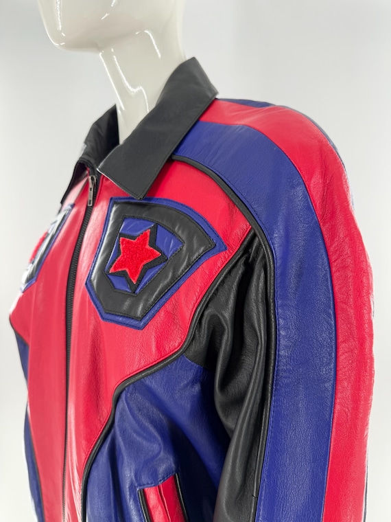 Vintage Michael Hoban North Beach Leather Jacket Hobo Wear Bomber Red Blue Colorblock 90s Hip Hop Streetwear Star Inlay Unisex XS S M