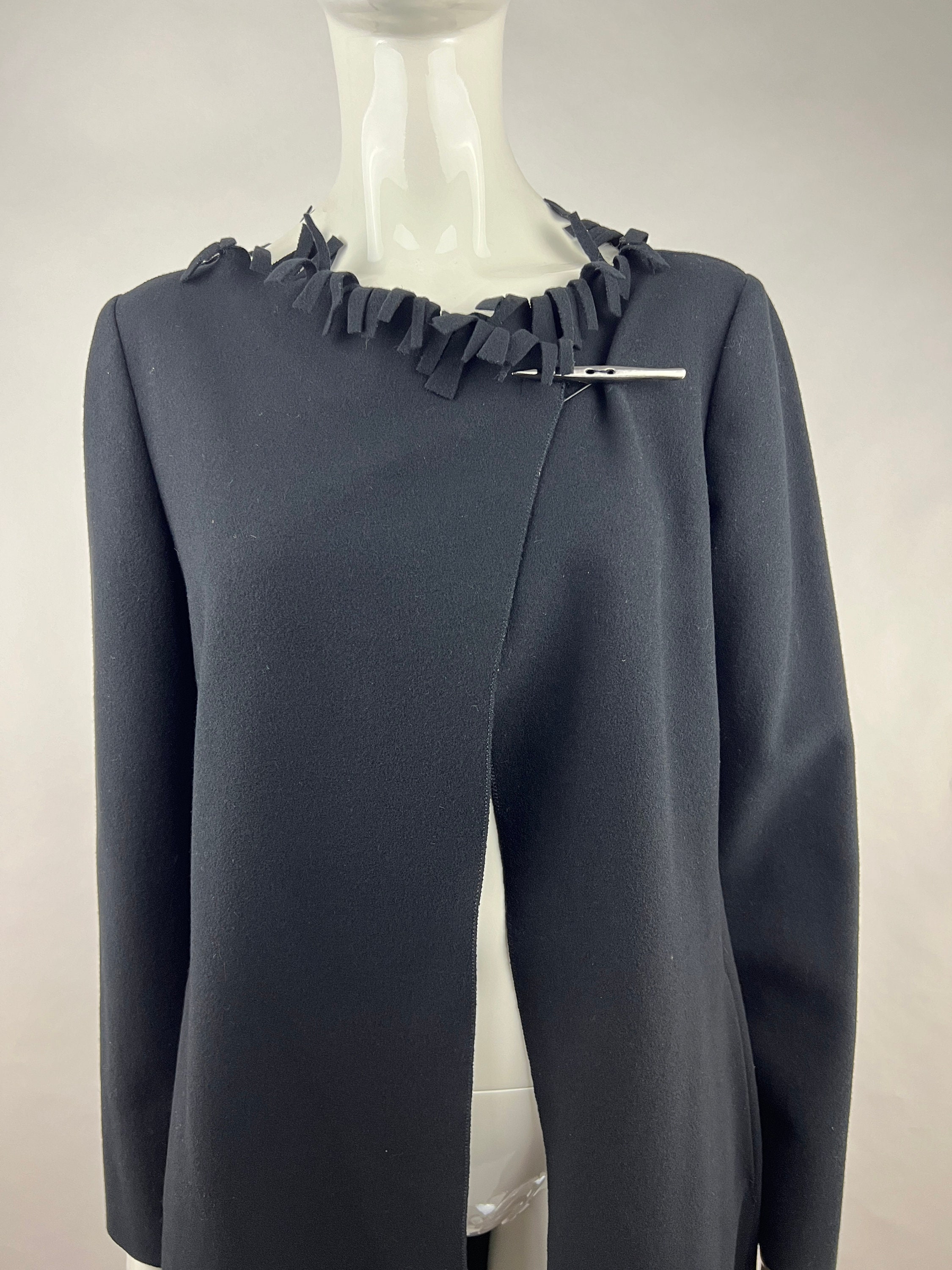 Emporio Armani, Vintage Emporio Armani Black Fringe Duster Coat Silver Metal Brooch Pin Open Front Cutaway Midi Jacket 80s 90s Archival Italy TG 42 Womens S