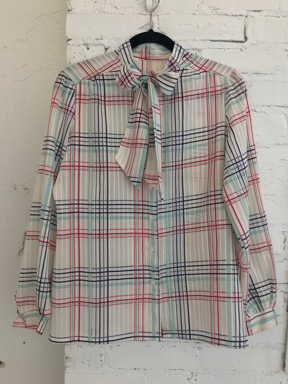 1980's White Plaid Secretary's Blouse|Semi-Sheer L