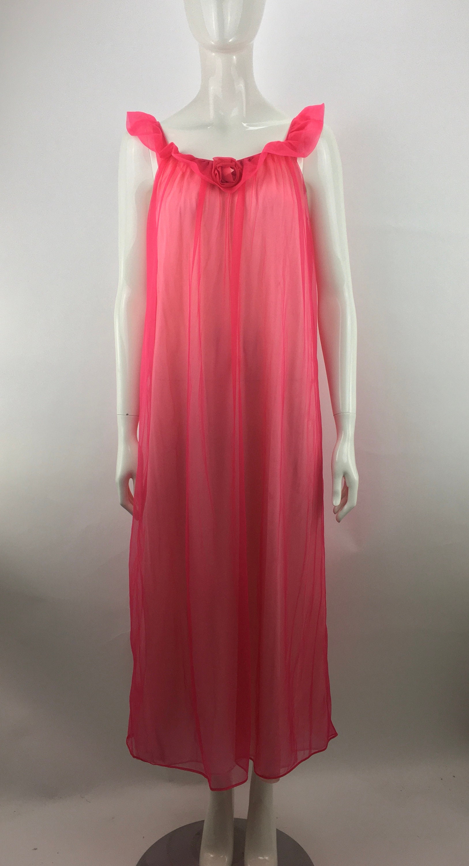 1960's Hot Pink Long Chiffon Night Gown W Decorative - Etsy