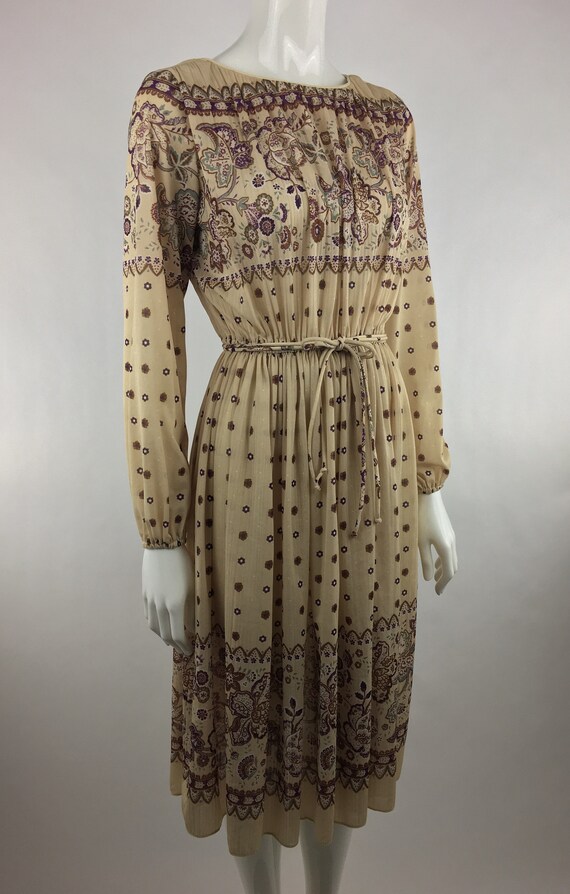 1980's Tan Floral  Dress|Semi-Sheer Dress|Beige F… - image 3