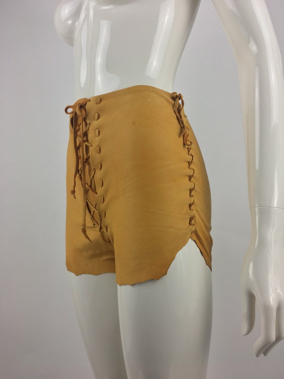 1970's Tan Leather Shorts|Lace Up Leather Hippy Sh