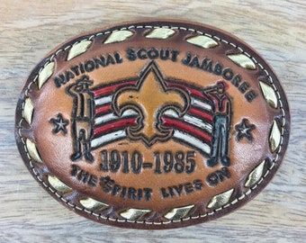 1985 National Scout Jamboree|The Spirit Lives On Buckle|80's Boycott Buckle|Brown Leather Belt Buckle|Vintage Belt Buckle|80's Belt Buckle