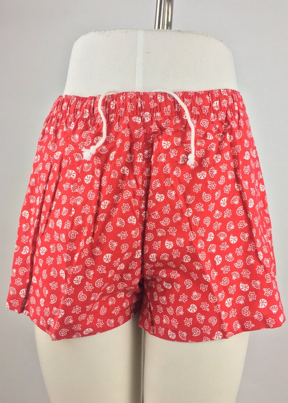 NWT Vintage 80s Newport Blue Swim Trunks Red Seashell Print Shorts Beach Board Shorts Mesh Liner USA Made Surf Retro Summer Size Large L