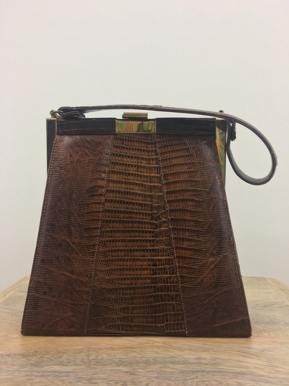 1960's Brown Lizard Skin Frame Purse|Brown Leather
