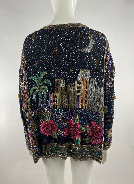 80s Colorful City Scape Black Beaded & Sequined J… - image 1