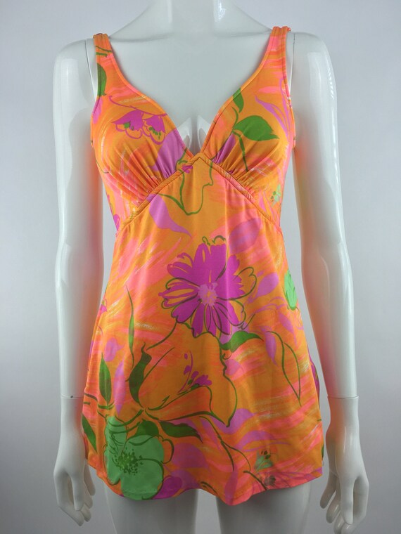 1960's Orange Floral One Piece Swimsuit|Floral Bat