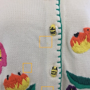 May include: A white knitted cardigan with green trim and embroidered flowers and bees. The cardigan has a button closure and is made of a soft, comfortable material.