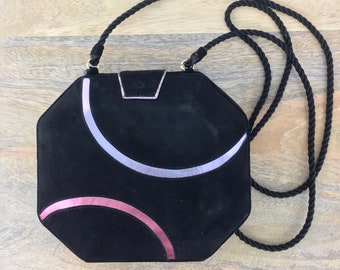1980's Studio Black Suede Hard Shell Box Purse |Cross Body Purse|80's Handbag|Vintage Shoulder Bag|Italian Purse