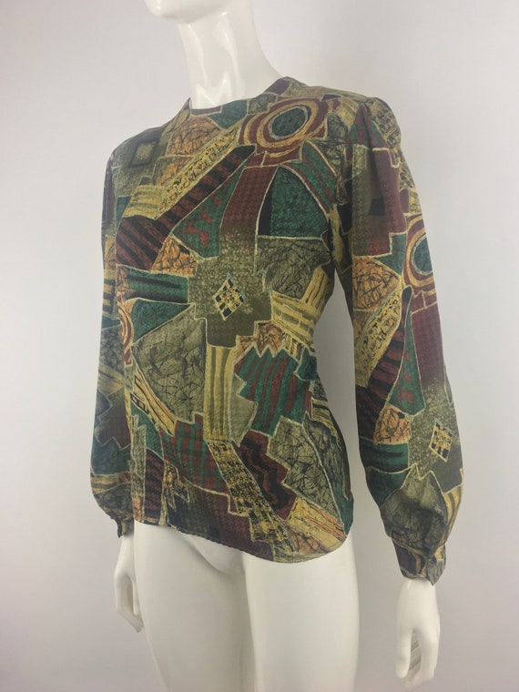 80's Robbie Sport Green Abstract Blouse|Librarian… - image 4