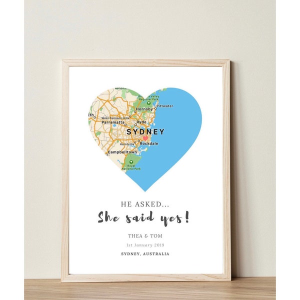 Heart Silhouette He Asked, She Said Yes Couples Engagement Unframed Print, Wedding, Personalised Print, Engagement Gift, Engagement Present
