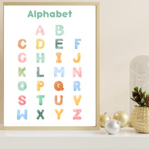 Póster del alfabeto colorido para niños, arte de pared con el alfabeto para el aula, impresión educativa atractiva, diseño vibrante