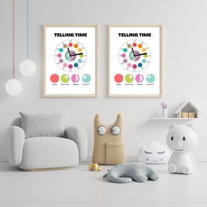 Reloj colorido para niños que dice la hora, arte mural educativo para el aula, aprendizaje en el hogar
