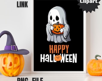 Cute Ghost Clipart Set, Spooky Halloween PNG, Witch Pumpkin Graphics, Watercolor Clipart