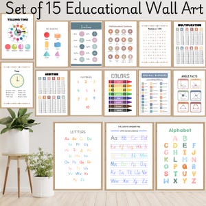 Może przedstawiać: Zestaw 15 edukacyjnych plakatów ściennych dla dzieci. Plakaty przedstawiają kolorowe ilustracje i wykresy obejmujące takie tematy jak odczytywanie czasu, kształty, ułamki, symbole matematyczne, mnożenie, dodawanie, liczby, kolory, liczby porządkowe, fakty o kątach, litery, pismo odręczne i alfabet.