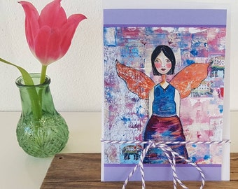 Card Angels, congratulations with lovingly illustrated purple angel figure, an angel for you