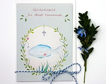 Kommunionkarte Fisch für Jungen, niedlich illustrierter Fisch, Glückwünsche oder Einladung zur Erstkommunion, Farbe - helles graublau