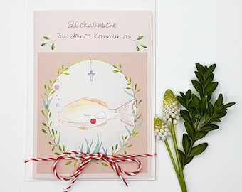 Karte Fisch zur Kommunion für Mädchen, Illustration in einem Blätterkranz, Glückwünsche zur Erstkommunion, Klappkarte für Geldgeschenk