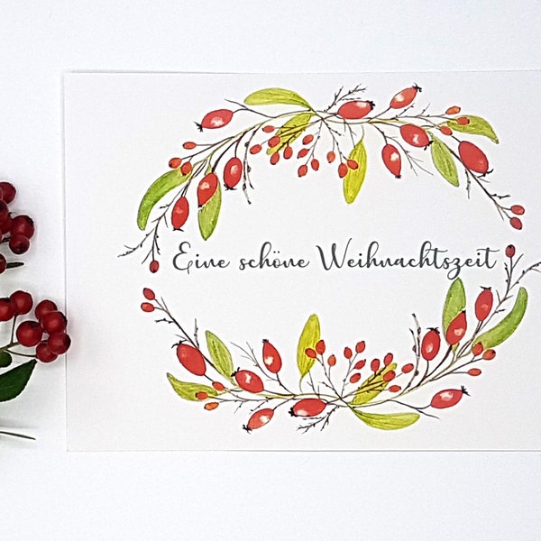 Weihnachtskarte Weihnachtskranz Hagebutten, Postkarte mit einem in Aquarelltechnik gezeichneten Hagebuttenkranz, natürliche Weihnachten