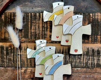 Baptism cross rainbow, Christian gift for baptism, communion, confirmation for boys and girls, handmade from clay in 6 colors