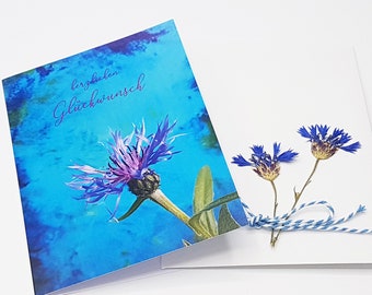 Birthday card summer, colorful congratulations for summer children, photo collage abstract picture with cornflower