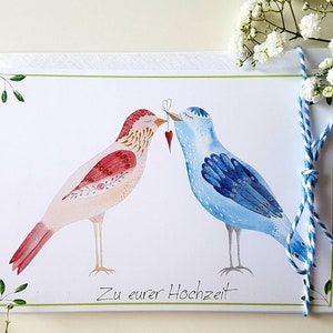 Karte zur Hochzeit, Hochzeitskarte mit 2 verliebten Vögeln, Vogelhochzeit, Karte mit Herz, Aquarellzeichnung, liebevolle Illustration