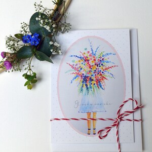 Karte zum Geburtstag "Blumenstrauß", Glückwunschkarte Blumenmädchen zu jedem Anlass, Aquarell Illustration Mädchen mit vielen bunten Blumen