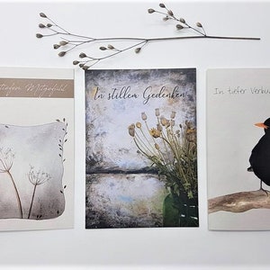 natürliche Trauerkarten im 3er Set, Beileidskarten aus Aquarellzeichnungen, Kondolenzkarten warmen Farbtönen, Amsel, Blätter, Mohn
