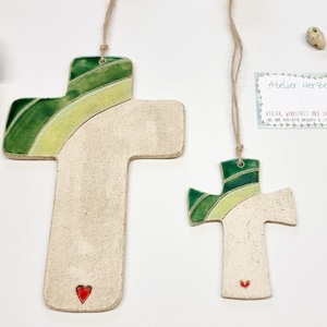 Baptism Cross Rainbow, Handmade Clay Cross for Communion/Confirmation/Baptism, Wall Cross for Boys Girls, Christian Gift Green