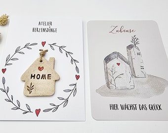 Move-in card with ceramic house, gift set of house and card, lovingly made small pendant as a souvenir to the new house