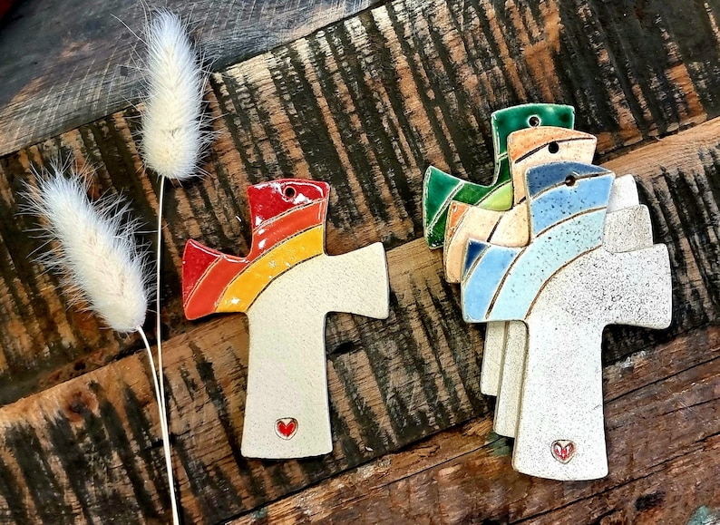 Baptism Cross Rainbow, Handmade Clay Cross for Communion/Confirmation/Baptism, Wall Cross for Boys Girls, Christian Gift image 1