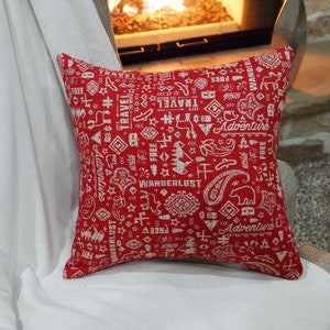 Red Adventure Pillow Cover, Bright Red Kids Pillow Cover, Travel Throw Pillow, 20x20, Red Pillow Cover Reversible with red zip closures