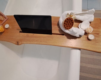 85cm RECLAIMED RUSTIC OAK bath tray, Solid oak wormy wood phone rack,  Handmade bathroom caddy, Live edge hot tub board, Custom size order