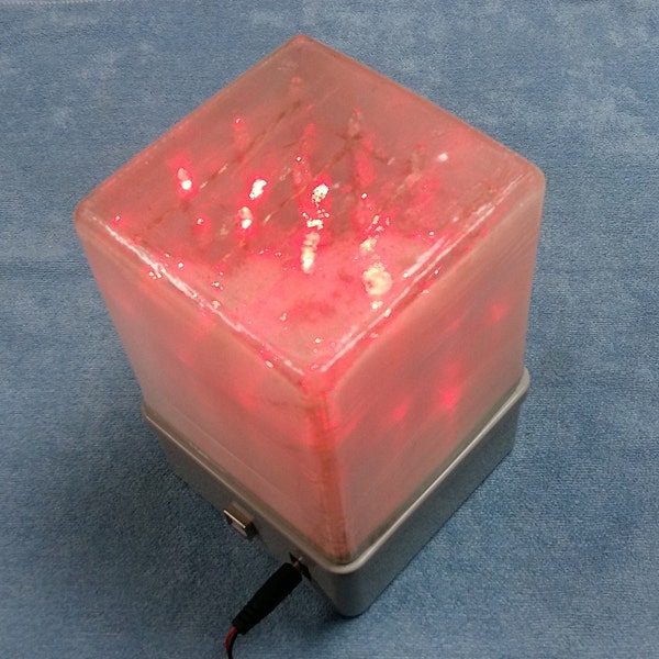 4x4x4 - RED LED Cube box 3D display- Light Show Effect - USB & 9V battery power input, handmade portable lamp with 3D printed cover, lamp