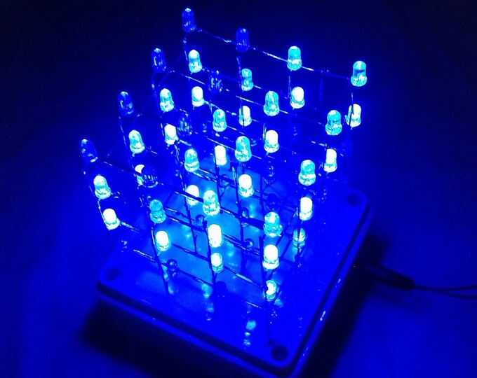 BLUE LED CUBE 4x4x4, 3D Light show effect display box, 9V battery + usb input, Handmade trendy portable mini disco lamp w 3D printed cover