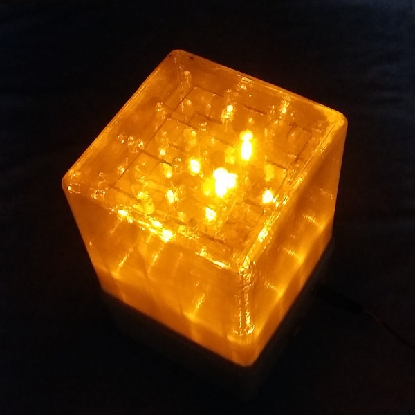 ORANGE LED CUBE, 3D display light show effect box, Usb & 9V batt in, Handmade portable party lamp w 3D printed cover, 4x4x4 leds flashing