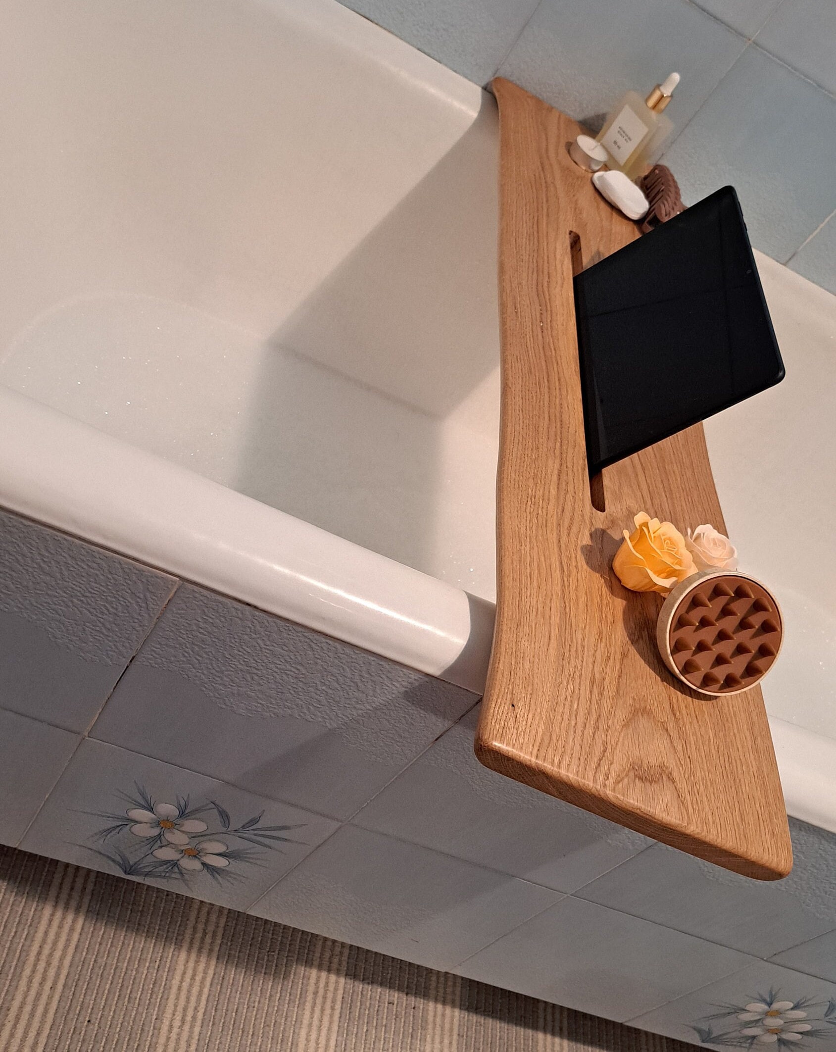 80cm NATURAL WOOD BATH Tray, Shower Caddy Relax, Jacuzzi Hot Tub Wine Plate, Bathroom Organizer ...