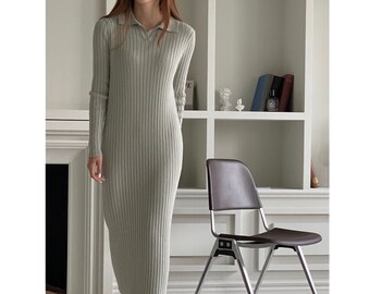 Collar Knit Long Dress / Romantic dress / sweaters for women / Long knit dress / modern dress / winter dress / sweater wrap dress