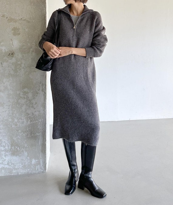 Knit Dress Knit Long Dress High Neck Zip up Knit Dress Knit Dress Sweater Tunic Sweaters for Women Minimalist Knitwear Etsy