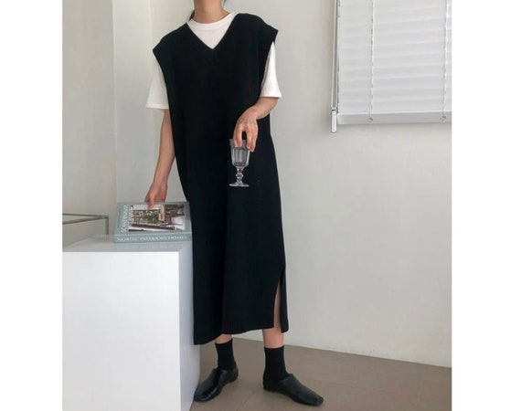Robe longue a col en V Gilet long en tricot Robe pull Pulls pour femmes Robe gilet en tricot Gilet long Gilet ample Minimaliste Etsy France