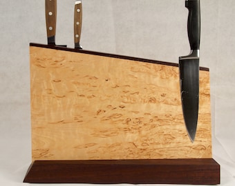 Luxury magnetic knife block of figured Karelian Birch Burl and Red Cedar.