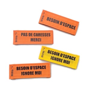 Peut inclure: Quatre étiquettes de chien en tissu orange et jaune avec du texte noir. Les étiquettes indiquent "Besoin d'espace Ignore moi", "Besoin d'espace", "Pas de caresses Merci" et "Besoin d'espace".