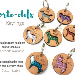 Wooden keyrings and sequins with dog breeds