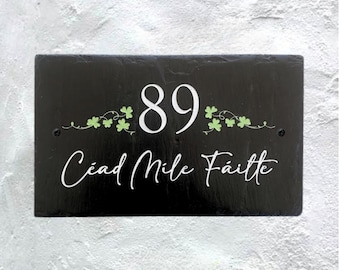 Personalized Slate House Sign with Shamrock - Irish Welcome Plaque - Custom Address Number
