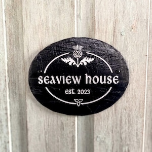 Natural Slate - Scottish House Number - with Scottish thistle design / oval shape - house name - door number - house plaque - gate sign