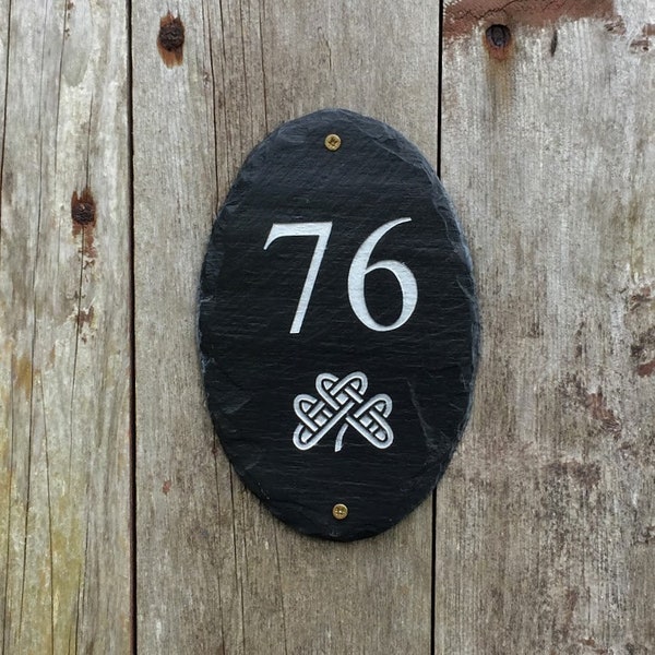 Natural Slate Irish House Number with Celtic shamrock design / oval shape - house sign - door number - house plaque - gate sign