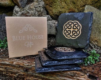 Set of 4 Irish Celtic knot   Natural Slate Coasters with a copper gold finish